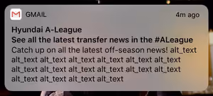 screenshot of iOS email notification where most of the text reads "alt_text"